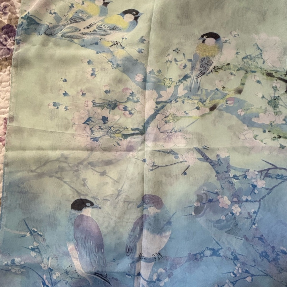 NWOT Floral Bird Print Scarf in Blue and Green Hues